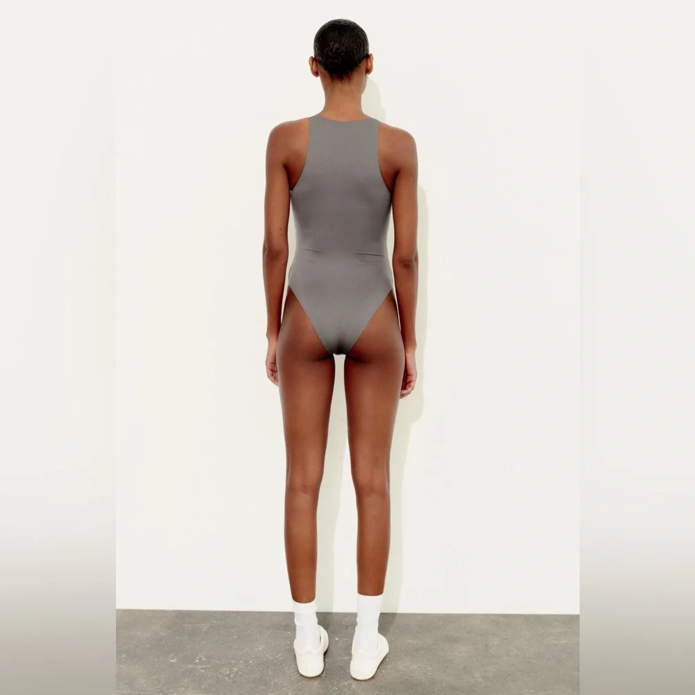 NWT Zara Polyamide Halter Bodysuit in Dark Grey Size L - Picture 3 of 15
